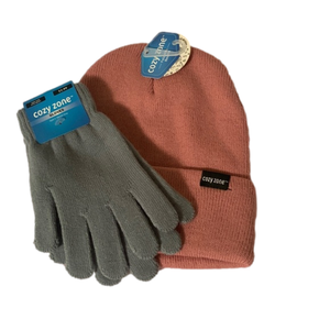 NWT! Light Pink Foldable Beanie with gray gloves. One size-Adult.